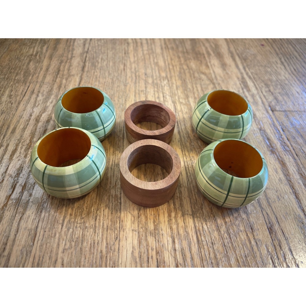 Vintage Green Plaid and Natural Wood Napkin Rings Mixed Set of 6 Cottagecore
